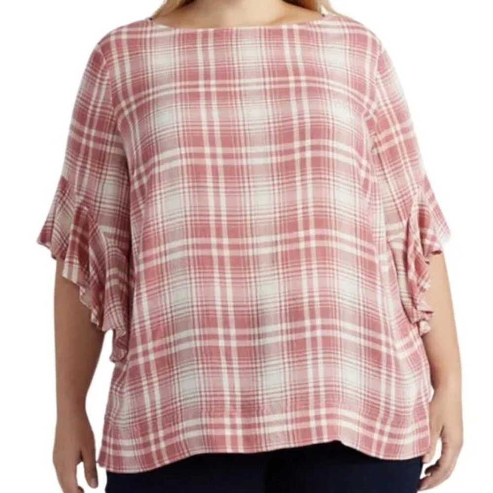💃🏻 Chaps | Pink/White Plaid Bell-Sleeve Ruffled Blouse 1X